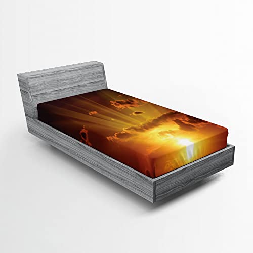 Ambesonne Clouds Fitted Sheet, Dramatic Burning Sunset in The Sky