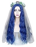 LABEAUTÉ Corpse Cosplay Bride Wig with Veil & Flower Crown & Wig Cap for Women Girl, Long Curly Dark Blue Wigs for Halloween Costumes Party Hair