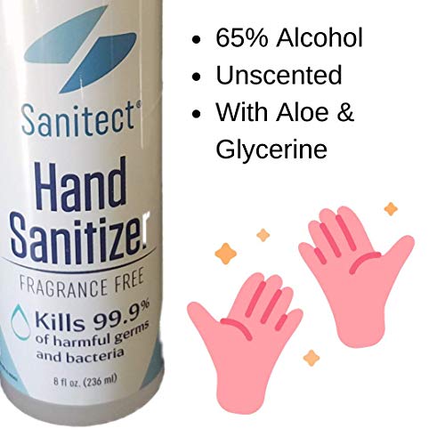 Sanitect Instant Hand Sanitizer Liquid With Aloe, Fragrance Free, 8 Oz, 65% Alcohol Antimicrobial Hand Sanitizer With Glycerin And Aloe 3-Pack #TOP1