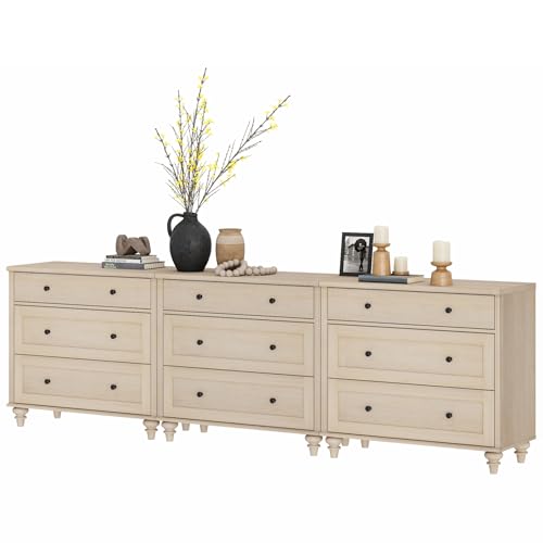 Image of WAMPAT Kids Dresser with 9 Drawers, Baby Dressers with Wide Chest of Drawers, Mid Century Modern Wooden Closet Storage Organizer, Large Wood Dressers for Bedroom, Nursery, Hallway, Beige, 102 inch