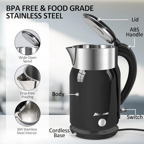 Navie Mobi Hervidor Agua Electrico,1.8L Gran Capacidad,2200W Ebullición Rápida, Calentador Agua Acero inoxidable,Sin BPA,Apagado Automático,Tetera Electrica Sin Goteo,Doble pared,Sin Cable,Negro - imagen 2
