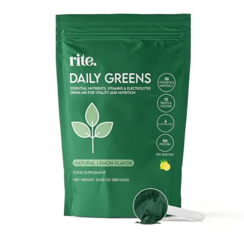 Daily Greens Drink mix I 40 Advanced Greens Superfoods and Electrolytes Vegan & Gluten Free No Added Sugar Advanced Natural Formula Lemon flavor (30 Servings 1 Month)