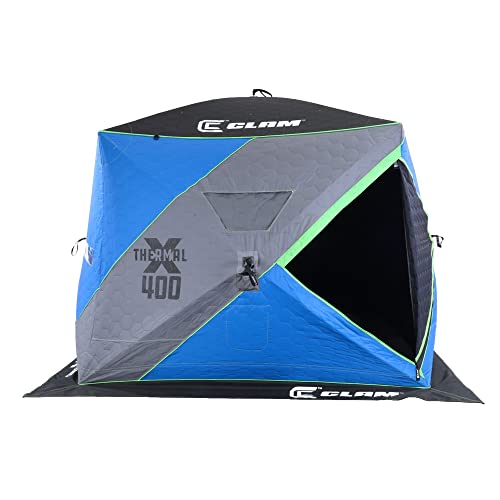 CLAM X400 8 x 8 Foot Portable Pop-Up Outdoor Ice Fishing Shelter 4 Sided Thermal Hub Shelter Tent with Anchors and Carry Bag, Blue