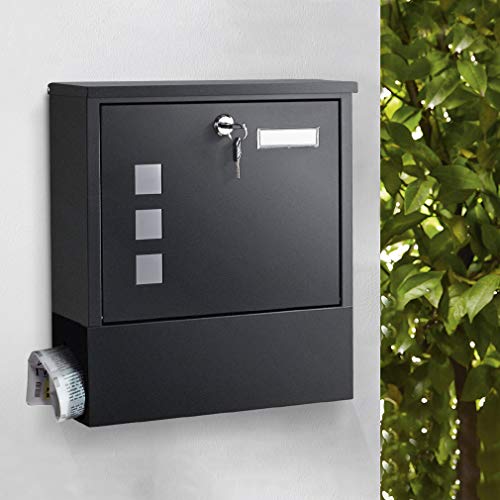 Preisvergleich Produktbild Briefkasten mit Zeitungsfach, WOOHSE Wandbriefkasten Schwarz mit Zeitungsbox Verzinkter Stahl pulverbeschichtet Postkasten A4 Einwurf-Format + Namensschild + Sichtfenster + 2 Schlüssel abschließbar
