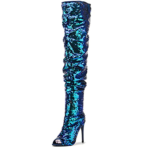 Women's Bling Peep Toe Heeled Thigh High Boots Slouch Zipper Stiletto Knee High Boots Sequin High Heel Over The Knee Boots blue US11 EU44