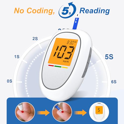 Image of Blood Glucose Monitor Kit, Blood Sugar Testing kit with 50 Blood Sugar Test Strips, 50 Lancets, 1 Blood Glucose Meter, 1 Lancing Device, No Coding Required, Meter Glucometer Kit for Diabetes Testing for Home /Travel Use