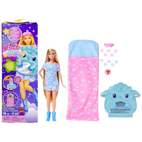 Parti Paketi bebek ve aksesuarlar; Pijama Partisi Serisi, karanlıkta parlayan aksesuarlar ve mavi pijamalı bebek dahil 7 sürpriz, JMR88