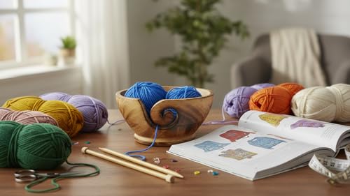 Image of Handcrafted Wooden Yarn Knitting Crochet Bowl Holder for Skien Yarn Balls Decorative Storage Organizer Crocheting Needlework Knitting Accessories Kit Supplies Sturdy Non Slip Gifts for Mother Her