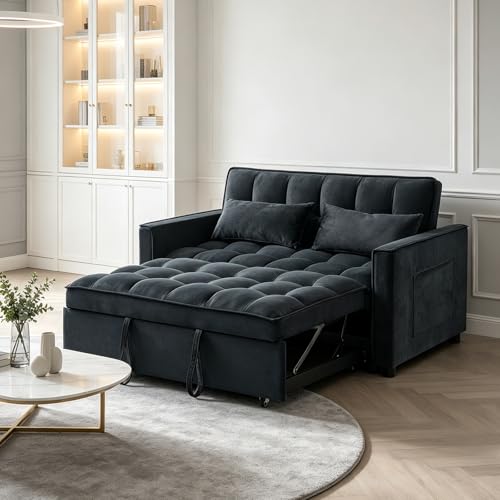 Yaewzbr Velvet Pull Out Couch Bed & Sleeper Sofa, 3-in-1 Convertible Sofa Bed with Adjustable Backrest, Storage Pockets, Armrests & Pillows for Small Spaces (Black)