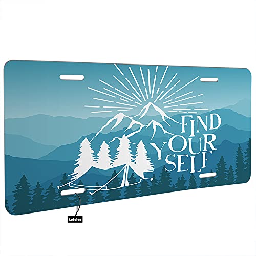 Lefolen Front License Plate Covers Find Yourself Quote,Foggy Pine Trees Forest Mountains Inspiration Phrase Auto Car Tag Vanity Plates Aluminum Novelty Metal Plate For Men Woman 6" X 12" #TOP1