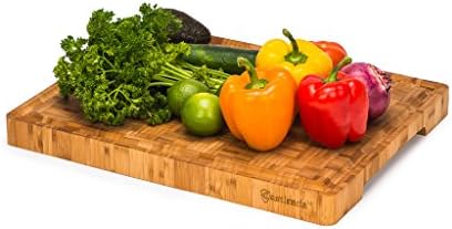 Extra Large End Grain Professional Grade Bamboo Cutting Board- Thick Wooden Butcher Block for Chopping Serving Veggies, Fruit, Poultry, Meat and Cheese-Deep Grooves- 2018 Design- 18x14x1.5