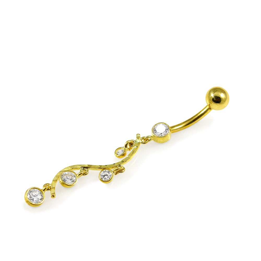 Piercing para el ombligo de oro amarillo macizo de 14 quilates con circonita cúbica y rama floral, joyería para el ombligo de 14 quilates, calibre 14, 14 Gauge - 12mm Length, Circonia