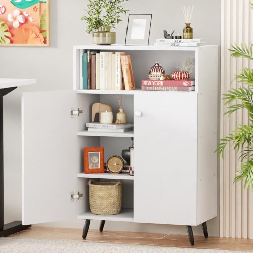 Image of Lukzer Wooden Book Shelf & Storage Cabinet with White Doors (MR-034 /White) Engineered Wood Bookshelf for Home, Bedroom, Office & Kitchen, Multipurpose Books Organizer & Display Rack (90x30x60 cm)