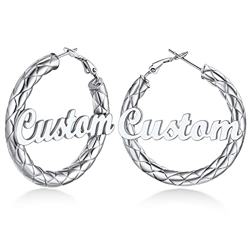 Custom4U Bamboo Hoop Earrings for Women Gold/Silver/Black Large Name Earrings Personalized - Hypoallergenic Lightweight Big Thick Hoops 30/40/50/60/70/80mm - Custom Made Birthday Christmas G