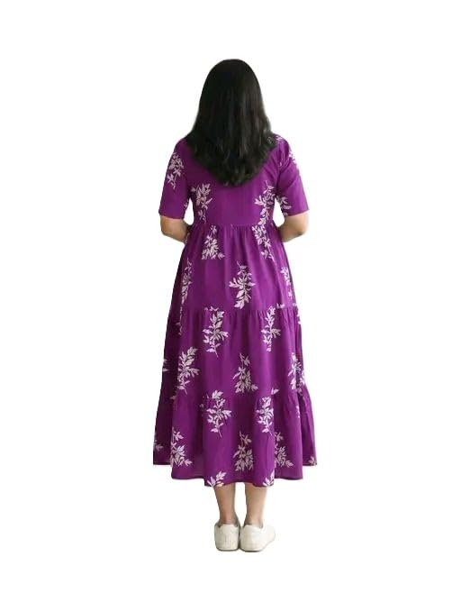 Image of Women's Rayon A-Line Midi Dress, Floral Print, Short Sleeves, Tiered Design, Round Neck, Summer Wear