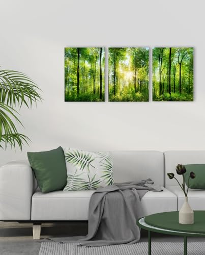 Hlj Art Forest Art Canvas Wall Decor: 3 Panel Nature Wall Art Landscape Paintings Framed Trees Green Pictures Sunrise Scenery Wall Decor For Living Room Bedroom Office Bathroom 12 X 16 Inch thumb #6
