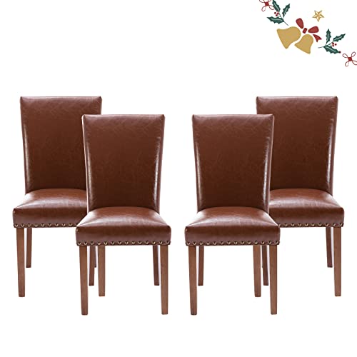 Image of Parsons Dining Chairs Set of 4, Upholstered Nailhead PU Leather Dining Room Kitchen Side Chair with Thick Cushions and Wood Legs, Light Brown