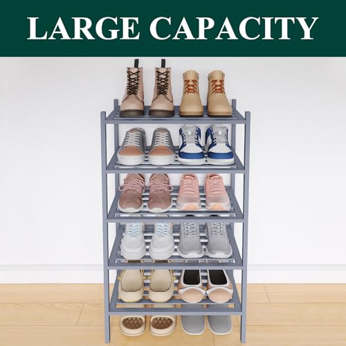 Image of Smiry Bamboo Shoe Rack, 5 Horizontal Slats, 5 Tier - 17.3 inch Wide, Grey