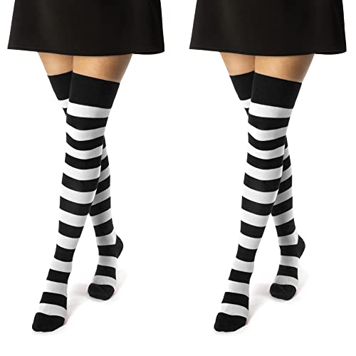 sockenkauf24 2 Paar Overknee Strümpfe Damen Kniestrümpfe Baumwolle 10723 (2 x Ringel Schwarz/Weiß 35-38)