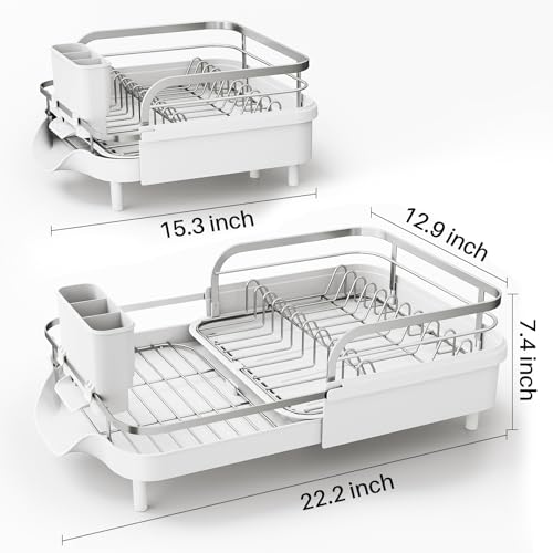 Image of SAYZH Dish Drying Rack - Expandable Dish Rack for Kitchen Counter, Rust-Resistant Dish Drainer with Utensil Holder and Raised Guardrail, Kitchen Organizer for Cup and Bottle (White)