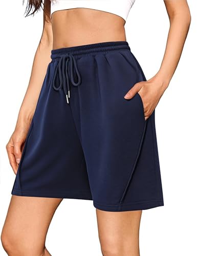 Litherday Pantalones Cortos Mujer Verano Algodón Shorts Deportivos Mujer Cintura Alta Ajustable con Bolsillos Pantalón Chandal Casual para Fitness Yoga Running Azul Marino L
