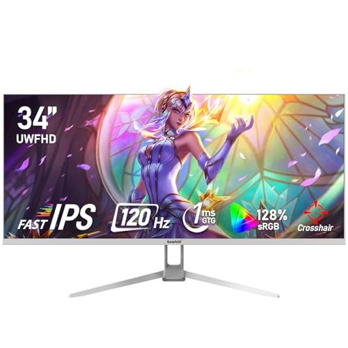 Gawfolk 34 Inch IPS Ultrawide 120Hz Gaming Computer Monitor, 21:9 UWFHD (2560x1080) PC Screen, 128% sRGB, Adaptive Sync, 178° Viewing Angle, Display Port, HDMI, Compatible with Wall mounting - White