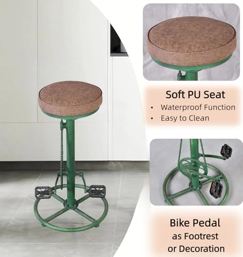 Butacos de estilo vintage para barra, diseño industrial con pedal de bicicleta, altura ajustable de 29 a 37 pulgadas, base metálica verde y cojín marrón, juego de 2 miniatura 4