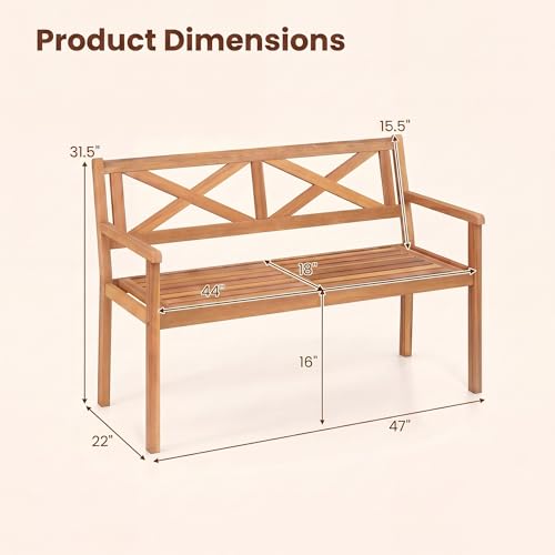 Image of Giantex 2-Person Outdoor Bench, 47 inch Patio Acacia Wood Loveseat with Slatted Seat, Armrests & X-Shaped Backrest, Wooden Garden Seating for Backyard, Porch, Deck, Poolside