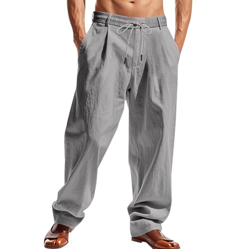 Pantalon en lin pour homme coupe droite confortable avec plusieurs poches