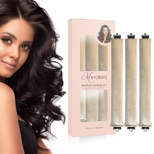 Image of MAYCREATE Heatless Hair Curler, Flexible Curling Rod with Hook, Satin Rollers for All Hair Types, No Heat Curls to Sleep for Curl Rods, Heatless Curls for Blowout Hair, Beige