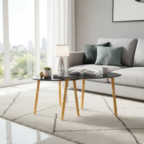 Image of Modern Wooden Nesting Side Table Set of 2 for Living Room | Space Saving Sofa Side Table | Bedside End Table | Multipurpose Accent Tables for Home Bedroom Office (Black, Nesting)