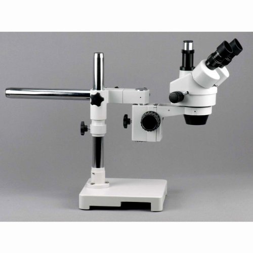 Image of AmScope 3.5X-180X Trinocular Stereo Zoom Microscope on Single Arm Boom Stand with 144 LED and 10MP Camera