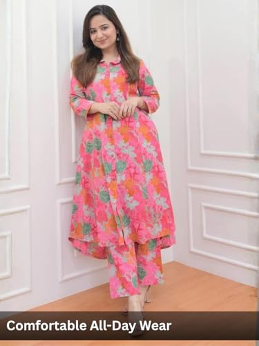 Image of Leriya Fashion Women's Cotton Printed A-Line Kurti Pant Set | Abstract Leaf & Floral Kurta with Trouser Pant | Casual Ethnic Co-ord Set for Women Stylish | Elegant Anarkali Style Tunic Kurta Set