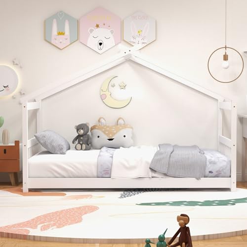KOMFOTT-Twin-Wood-House-Bed-for-Kids-Low-Profile-Floor-Bed-Frame-with-Roof-Headboard-Footboard-Tent-Bed-for-Toddlers-Boys-Girls-Wood-Montessori-Bed-No-Box-Spring-Needed-White KOMFOTT Twin Wood House Bed for Kids Low Profile Floor Bed Frame with Roof Headboard Footboard Tent Bed for Toddlers Boys Girls Wood Montessori Bed No Box Spring Needed White
