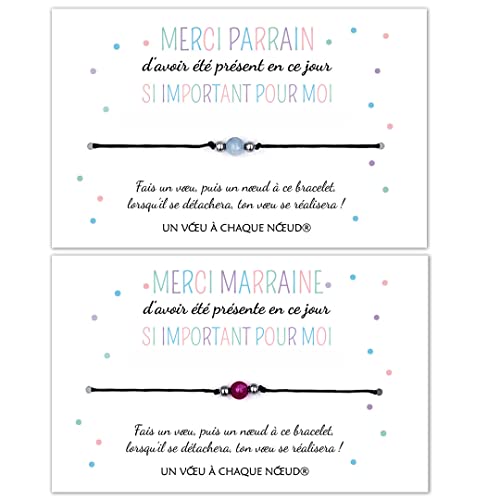 Duo de Cadeau pour Marraine et Parrain - 2 Bracelets + 2 Cartes Merci de ta présence - Idée cadeau original Remerciement Baptême - Communion - Anniversaire