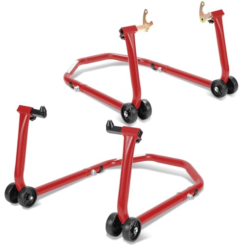 Eikuavons Set di supporti per moto anteriori e posteriori, sollevatore per moto, supporto per moto con 4 ruote, piattaforma elevatrice per moto, stabilità, capacità di carico fino a 300 kg (Rosso)