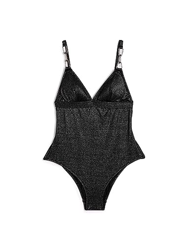 Koton Kadın Simli Mayo Taşlı Zincir Detaylı Askılı V Yaka Siyah, 34