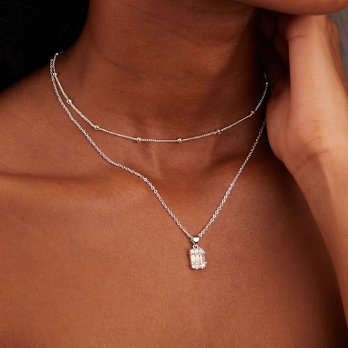 Silver Diamond Pendant Necklaces for Women, Layered Dainty 14K Gold Silver Plated Choker Chain Simple Necklace Stack Trendy Prom CZ Jewelry Set Gifts for Women2
