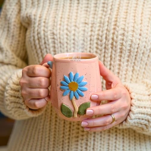 Image of Handmade Ceramic Mug 3D Daisy Flower Design Coffee Tea Cup 240 ml Gift for Coffee Lovers Kitchen Decor (Pink /Light Blue /Yellow /Grey) (Pink)