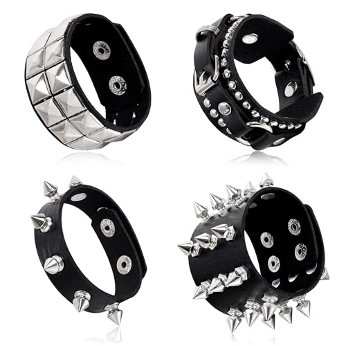 4Pcs Spiked Studded Bracelet Black Leather Punk Bracelet Cuff for Men Women Adjustable Metal Wristband Gothic Accessories