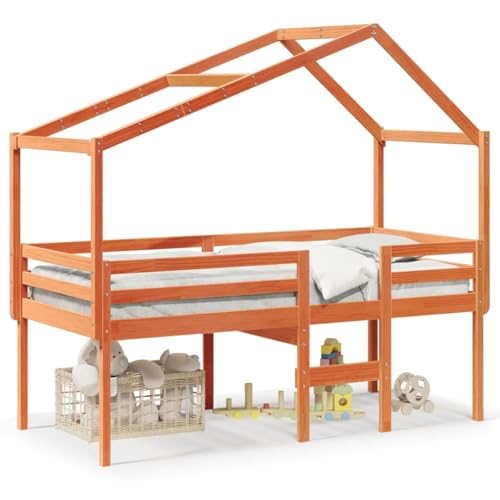 Gecheer Cama Alta con Techo Madera Maciza de Pino marrón Cera 90x190 cm,Cama Infantil Cama Juvenil Somier Mueble Mobiliario Dormitorio Habitación Infantil Hogar