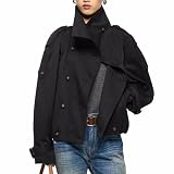 Yaykio Womens Cropped Trench Coat Funnel Neck Double Breasted Pleated Hem Trendy Fall Outfits Spring Jackets with Pockets