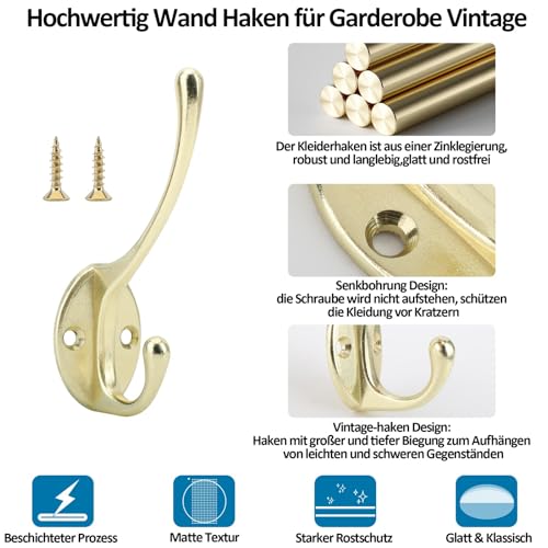 6 Stück Garderobenhaken Brass Vintage Garderobe Haken Retro Kleiderhacken Zinklegierung Garderoben Mantelhaken Metall Wandhaken mit 12 Stk Schrauben Wand Schlüsselhaken für Bad Küche Büro Tür Schrank