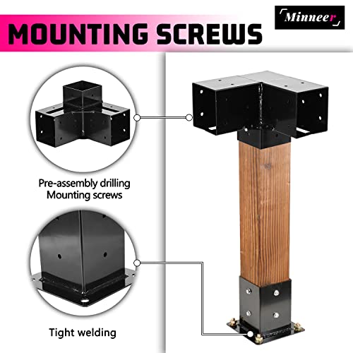 Minneer Pergola Bracket Kit 4” X4” (Real: 3.5”X3.5”), Contain 4-Way Right Angle Corner Brackets & Post Anchor Bases, For Wood Beams, Pergola, Gazebo(4 Set/ 8 Pack) #TOP5