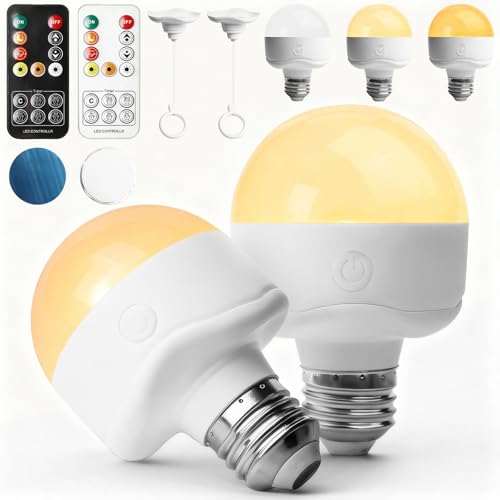 Behogan 2 lampadine ricaricabili, E26 LED a batteria con base magnetica, gancio e telecomando, 3 colori dimmerabili, 1,5 W USB senza fili per illuminazione di emergenza e decorazione
