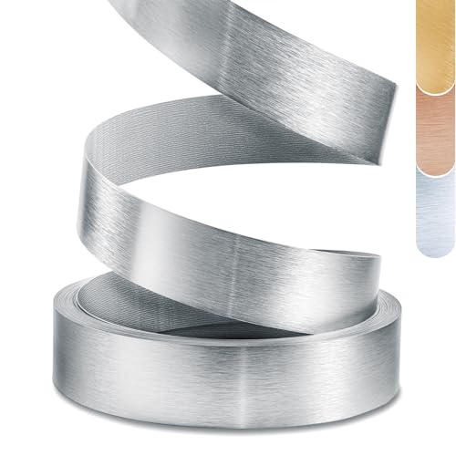 Image of PVC Edge Banding, 2 inch x 25ft Non Glued Flexible Durable Real Brushed Aluminum Grey Silver Veneer Edge Trim for DIY Table Cabinet Furniture Decorative Trim