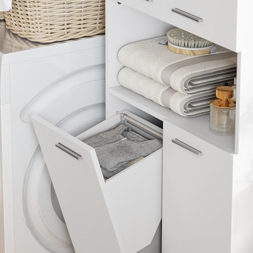 Homcom Mobile Bagno Alto, Mobiletto Bagno Salvaspazio Con Cesto Portabiancheria A Ribalta, Armadietti A Ante Soft Close, Scomparto Aperto, Per Lavanderia, Moderno, 60X30X174 Cm, Bianco - 9