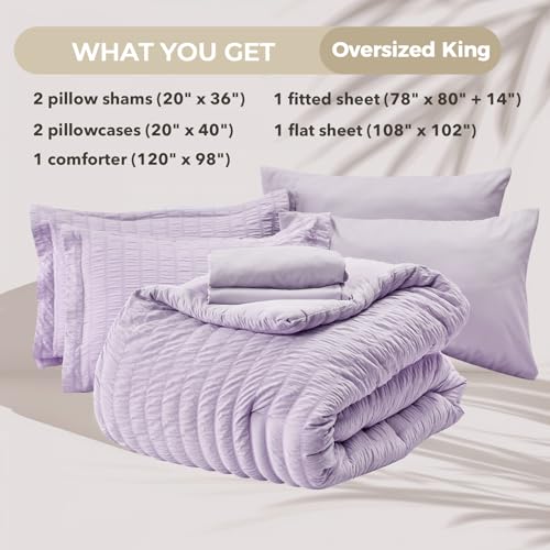 Image of HYMOKEGE Lavender Oversized King Comforter Set Seersucker 7 Pieces, All Season Luxury Bed in a Bag for Bedroom, Bedding Set with Comforter, Sheets, Pillowcases & Shams