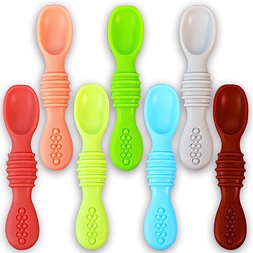 Baby Spoons Self Feeding 6 Months - 7 Pack Silicone First Stage Infant Training Spoons, Baby Led Weaning Untensils For Toddlers, Bpa-Free Rainbow Chewable Teething Spoons For Kids - Dishwasher Safe #TOP7