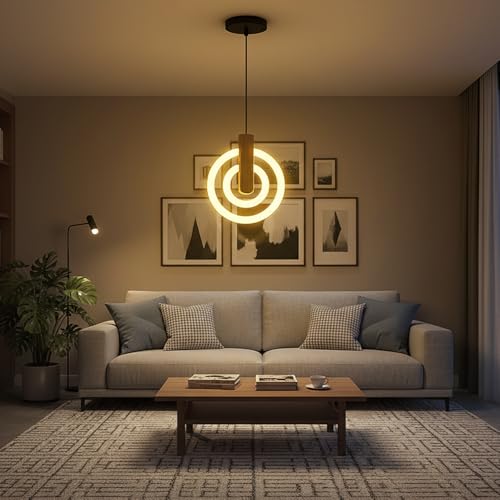 Image of Lampmaster Modern 2-Ring LED Pendant Light with Wooden Accent | Warm White Glow Ceiling Hanging Lamp | Elegant Chandelier for Dining Room, Bedroom, Living Room, Restaurants, Coffee Shop & Office